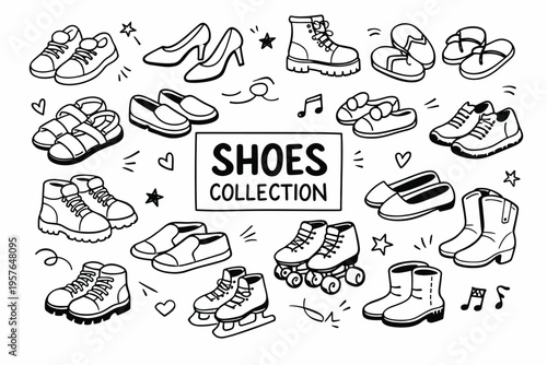 Shoes collection doodle illustration in black and white hand drawn outline style with casual, formal and fashion footwear