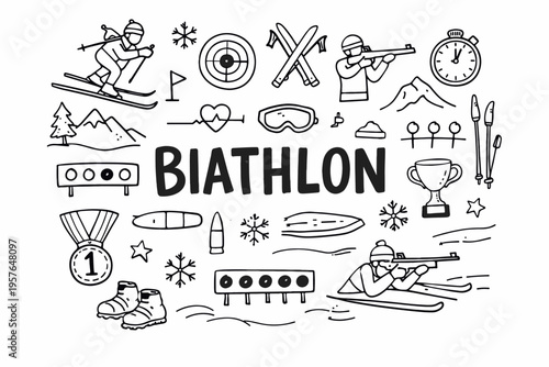 Biathlon doodle illustration in black and white hand drawn outline style with skiing, shooting and winter sport elements