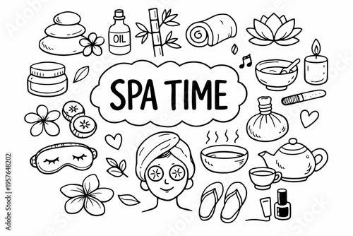 Spa doodle illustration in black and white hand drawn outline style with wellness, relaxation and beauty treatment elements