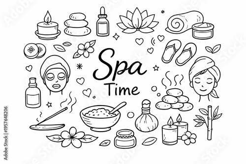 Spa doodle illustration in black and white hand drawn outline style with wellness, relaxation and beauty treatment elements
