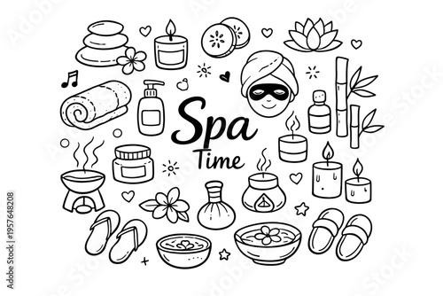 Spa doodle illustration in black and white hand drawn outline style with wellness, relaxation and beauty treatment elements