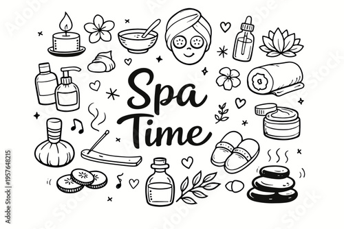 Spa doodle illustration in black and white hand drawn outline style with wellness, relaxation and beauty treatment elements