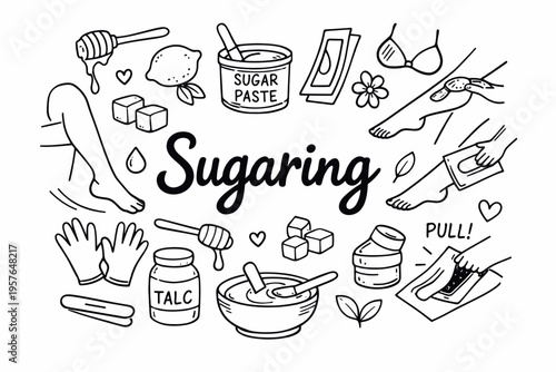 Sugaring doodle illustration in black and white hand drawn outline style with sugar paste, beauty care and hair removal elements