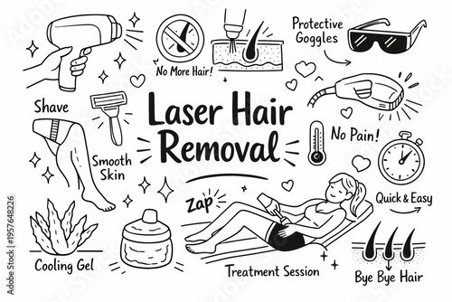 Laser hair removal doodle illustration in black and white hand drawn outline style with smooth skin and cosmetic treatment elements