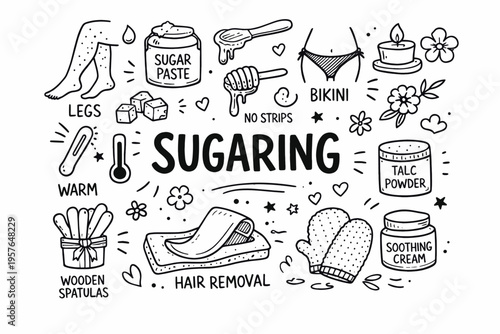 Sugaring doodle illustration in black and white hand drawn outline style with sugar paste, beauty care and hair removal elements