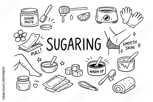 Sugaring doodle illustration in black and white hand drawn outline style with sugar paste, beauty care and hair removal elements