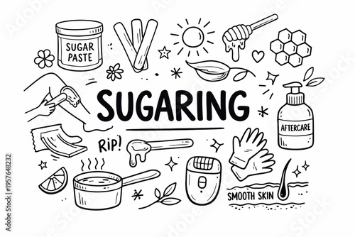 Sugaring doodle illustration in black and white hand drawn outline style with sugar paste, beauty care and hair removal elements