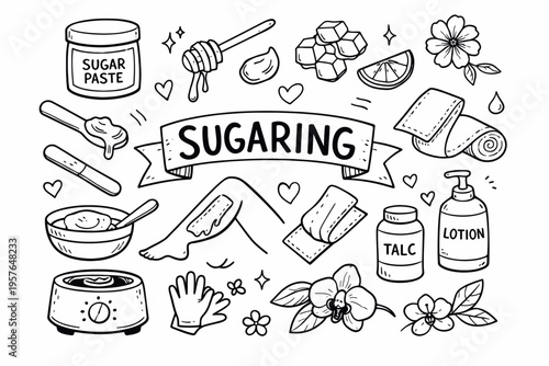 Sugaring doodle illustration in black and white hand drawn outline style with sugar paste, beauty care and hair removal elements