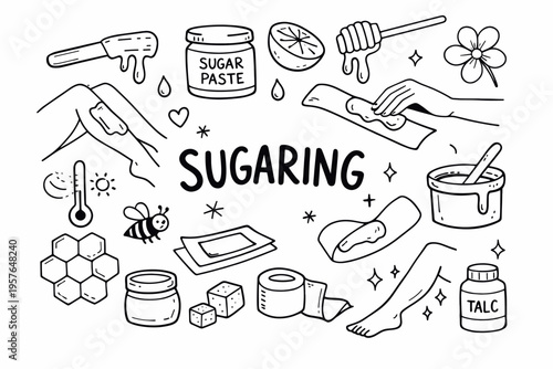 Sugaring doodle illustration in black and white hand drawn outline style with sugar paste, beauty care and hair removal elements