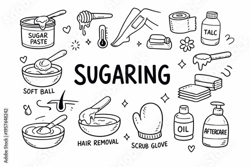 Sugaring doodle illustration in black and white hand drawn outline style with sugar paste, beauty care and hair removal elements