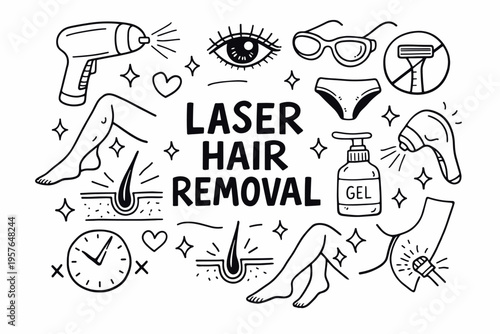 Laser hair removal doodle illustration in black and white hand drawn outline style with smooth skin and cosmetic treatment elements