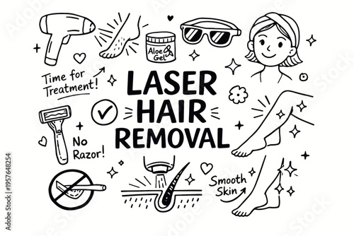 Laser hair removal doodle illustration in black and white hand drawn outline style with smooth skin and cosmetic treatment elements