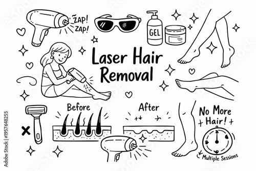 Laser hair removal doodle illustration in black and white hand drawn outline style with smooth skin and cosmetic treatment elements