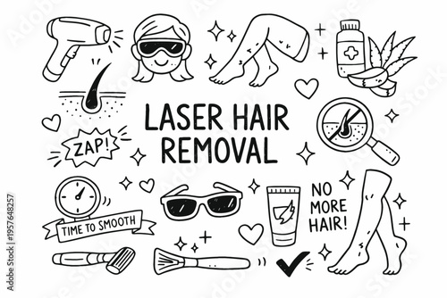 Laser hair removal doodle illustration in black and white hand drawn outline style with smooth skin and cosmetic treatment elements