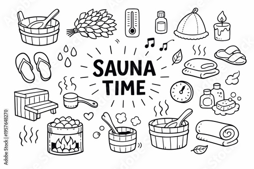 Sauna doodle illustration in black and white hand drawn outline style with steam bath, relaxation and wellness elements