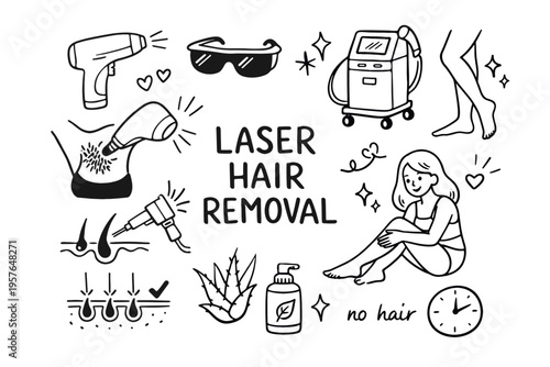Laser hair removal doodle illustration in black and white hand drawn outline style with smooth skin and cosmetic treatment elements