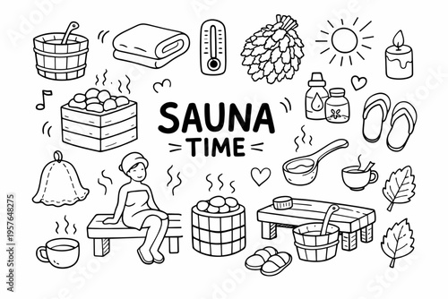 Sauna doodle illustration in black and white hand drawn outline style with steam bath, relaxation and wellness elements