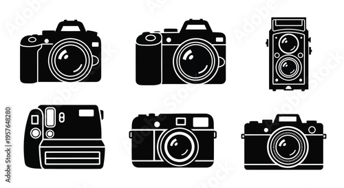 Collection of vintage and modern camera silhouettes in a black and white style