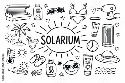 Solarium doodle illustration in black and white hand drawn outline style with tanning bed, sun care and summer relaxation elements