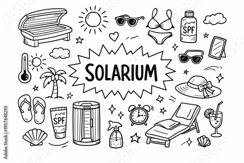 Solarium doodle illustration in black and white hand drawn outline style with tanning bed, sun care and summer relaxation elements