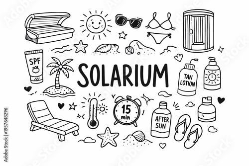 Solarium doodle illustration in black and white hand drawn outline style with tanning bed, sun care and summer relaxation elements