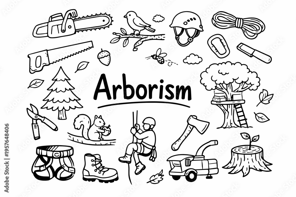 Obraz premium Arborism doodle illustration in black and white hand drawn outline style with tree care, climbing gear and forestry elements