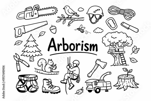Arborism doodle illustration in black and white hand drawn outline style with tree care, climbing gear and forestry elements