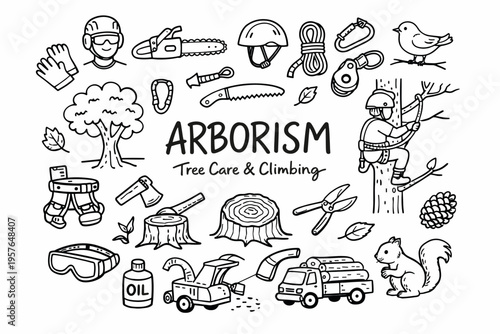 Arborism doodle illustration in black and white hand drawn outline style with tree care, climbing gear and forestry elements