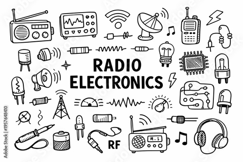 Radio electronics doodle illustration in black and white hand drawn outline style with electronic components and audio technology elements