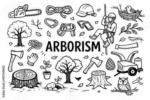 Arborism doodle illustration in black and white hand drawn outline style with tree care, climbing gear and forestry elements