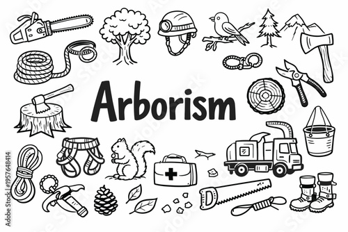 Arborism doodle illustration in black and white hand drawn outline style with tree care, climbing gear and forestry elements