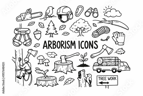 Arborism doodle illustration in black and white hand drawn outline style with tree care, climbing gear and forestry elements