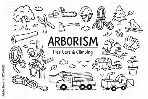 Arborism doodle illustration in black and white hand drawn outline style with tree care, climbing gear and forestry elements