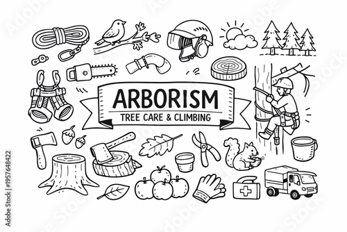 Arborism doodle illustration in black and white hand drawn outline style with tree care, climbing gear and forestry elements