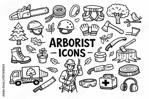 Arborism doodle illustration in black and white hand drawn outline style with tree care, climbing gear and forestry elements