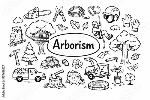 Arborism doodle illustration in black and white hand drawn outline style with tree care, climbing gear and forestry elements