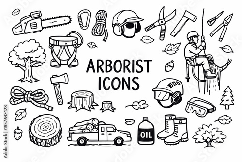 Arborism doodle illustration in black and white hand drawn outline style with tree care, climbing gear and forestry elements