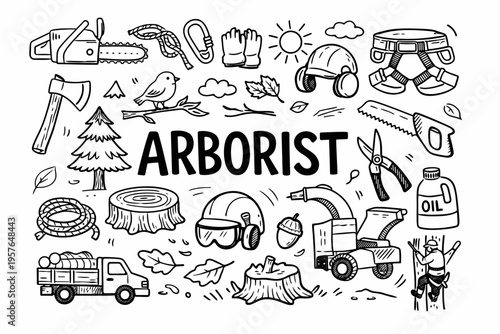 Arborism doodle illustration in black and white hand drawn outline style with tree care, climbing gear and forestry elements