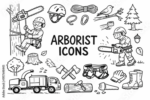 Arborism doodle illustration in black and white hand drawn outline style with tree care, climbing gear and forestry elements