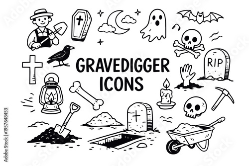 Gravedigger doodle illustration in black and white hand drawn outline style with cemetery, burial and spooky halloween elements