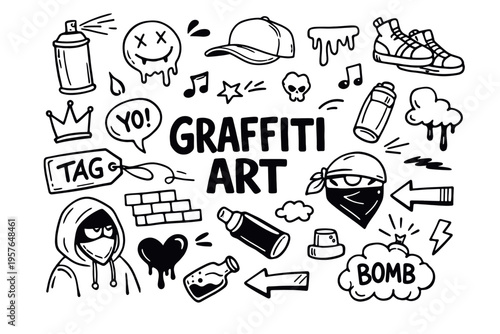Graffiti art doodle illustration in black and white hand drawn outline style with street culture, spray paint and urban symbols