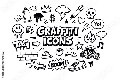 Graffiti art doodle illustration in black and white hand drawn outline style with street culture, spray paint and urban symbols