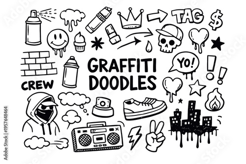 Graffiti art doodle illustration in black and white hand drawn outline style with street culture, spray paint and urban symbols