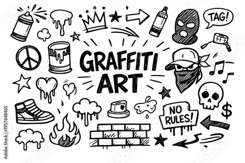 Graffiti art doodle illustration in black and white hand drawn outline style with street culture, spray paint and urban symbols