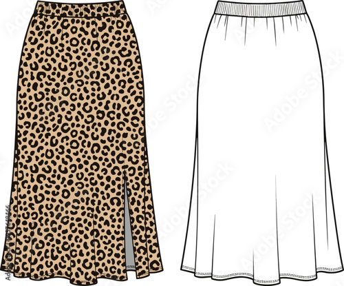 Leopard Print Midi Skirt Technical Fashion Sketch, A-Line Skirt Flat Illustration Vector