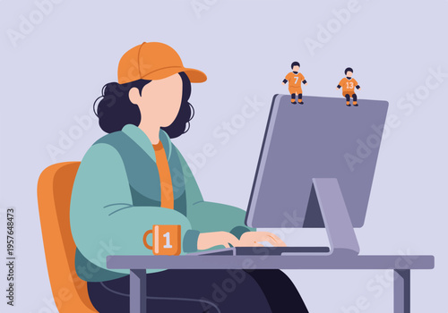 Woman working on computer at home office desk with miniature figures