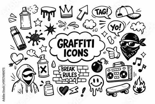 Graffiti art doodle illustration in black and white hand drawn outline style with street culture, spray paint and urban symbols