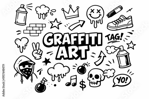 Graffiti art doodle illustration in black and white hand drawn outline style with street culture, spray paint and urban symbols