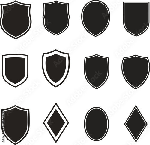Collection of clean and modern shield badge icons in different shapes and styles. These black minimal silhouettes represent protection, security, strength, and trust. Ideal for branding, logos, emblem