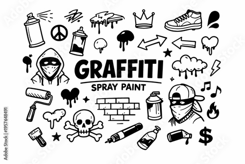 Graffiti art doodle illustration in black and white hand drawn outline style with street culture, spray paint and urban symbols